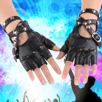1 пара Перчаток с заклепками в стиле панк, кожаные перчатки с ремнем на половину пальца, Хэллоуин, панк-рок-н-ролл, короткие перчатки без пальцев для женщин и мужчин