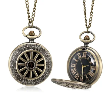 1 шт. бронзовые кварцевые карманные часы с римскими цифрами, циферблат, полый колесный корпус с цепочкой LL @ 17