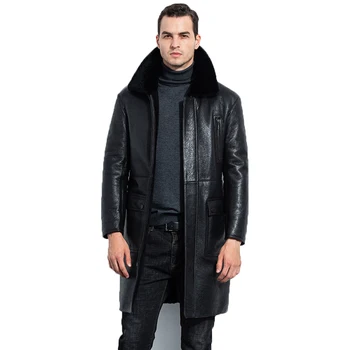 2019 Новое Мужское черное пальто из овчины B3, куртка-бомбер, Кожаная куртка, Зимние пальто, Длинная куртка из овчины, Тренч, пальто