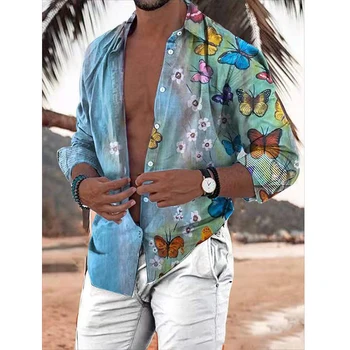 2022 Гавайские рубашки с бабочками Для мужчин, 3D Рубашка с длинным рукавом и Цветком, Пляжная Блузка, Топы Оверсайз, Футболка, Мужская Летняя одежда