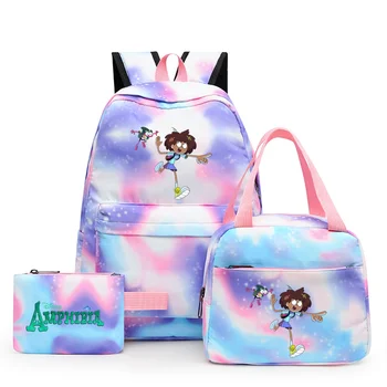 3шт. Цветной рюкзак Disney Amphibia с сумкой для ланча, повседневные школьные сумки для студентов-подростков, наборы