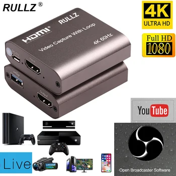 4K 60hz Loop HDMI Карта захвата Placa de Пластина Для Записи Видео В Прямом Эфире USB 2,0 3,0 1080p Граббер для игровой DVD-камеры PS4