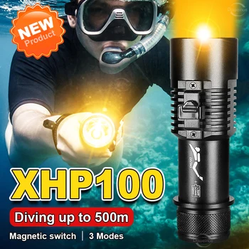 8000 Люмен Супер Мощный Фонарик Для Дайвинга XHP100 Желтый Свет Подводных Ламп Scuba LED Фонарик Профессиональный Фонарик Для Дайвинга