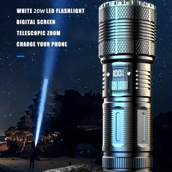 9000 мАч Высокой Мощности 24 Вт Светодиодный Фонарик с Телескопическим Зумом, Встроенная батарея, Вспышка Для Аварийного Выстрела На открытом воздухе Длиной 1500 м, Факел