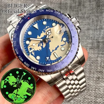 BLIGER NH34A 40 мм, полностью светящийся синий циферблат, Функция GMT, Автоматические часы NH34 GMT Для мужчин, Юбилейный браслет, Безель из сплава 2023