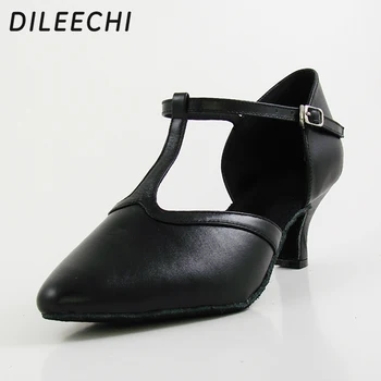 DILEECHI/ Черные женские туфли для латиноамериканских/современных танцев из натуральной кожи, осенне-зимние туфли для бальных танцев, классические Т-образные ремешки