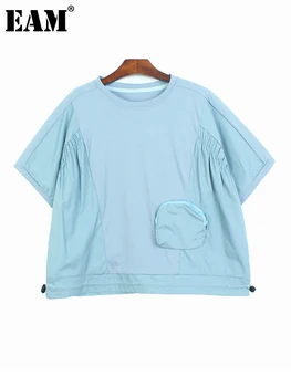 [EAM] Женская Синяя Повседневная футболка с карманами на шнурке Большого размера, Новая Футболка с круглым вырезом и коротким рукавом, Мода Tide, Весна-Осень 2023 1DF6020