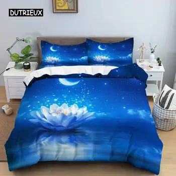 Galaxy Lotus King Size, полный набор Пододеяльников для пуховых одеял, Синий Цветок, Луна, Комплект постельного белья для подростков и взрослых, Богемный Цветочный пододеяльник из 2/3 шт.
