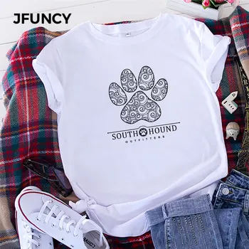 JFUNCY, женская футболка из 100% хлопка с коротким рукавом, повседневная женская футболка с принтом собачьей лапы, женские летние Свободные топы