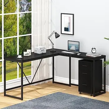 L-образный письменный стол с передвижным шкафом для хранения, угловой Домашний офис, L-образный компьютерный стол с выдвижными ящиками, Большой металлический деревянный письменный стол для Exe