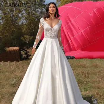 LaBoum Современные Атласные свадебные платья Трапециевидной формы для женщин 2023 Невесты Элегантные Свадебные Платья с длинными рукавами и Шлейфом Vestidos De Novia