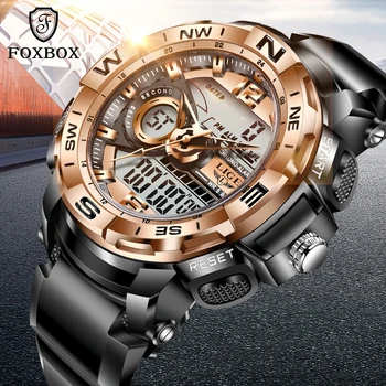 LIGE Модные Спортивные мужские часы Лидирующий бренд FOXBOX, цифровые наручные часы в стиле милитари с двойным дисплеем, Водонепроницаемые Светящиеся кварцевые часы