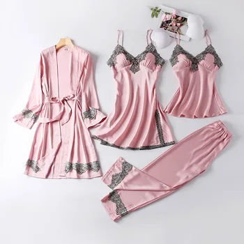 Lisacmvpnel, костюм из 4 предметов, Сексуальная пижама, Женская ночная рубашка на подтяжках из ледяного шелка с подкладкой на груди, Тонкая пижама