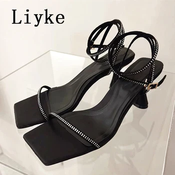 Liyke/Размеры 35-40; Женская обувь; Босоножки на открытом воздухе; Уличный стиль; Квадратный носок; Со стразами; Летние сандалии-гладиаторы на высоком каблуке