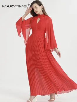 MARYYIMEI, Новое весенне-летнее элегантное женское платье с рукавом-шалью, плиссированная открытая Водолазка, Тонкие шифоновые длинные платья