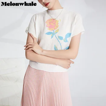 MelonWhale Miyake Плиссированная футболка с цветочным принтом 2023, Летняя Корейская Приталенная футболка, Водолазка с коротким рукавом, Топы, Дизайнерская одежда