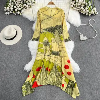 Miyake Плиссированное Женское платье Весна-Осень с V-образным вырезом, Повседневное Корейское Базовое Платье Макси с высоким Воротом и Длинным рукавом, Эстетическая Одежда N6005