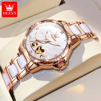 OLEVS, Новые женские часы, Модный корпус из розового золота, керамические женские наручные часы, водонепроницаемые механические часы, романтические женские часы в подарок