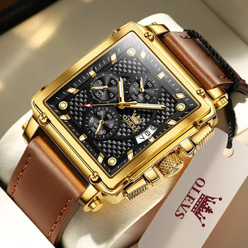 OLEVS Оригинальные мужские роскошные часы, квадратные кварцевые спортивные часы, кожаные водонепроницаемые наручные часы от лучшего бренда, мужские подарочные часы с коробкой