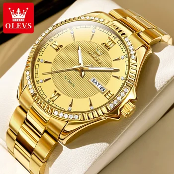 OLEVS Римские золотые наручные часы с бриллиантами, Роскошные мужские часы с календарем, водонепроницаемые Автоматические часы из нержавеющей стали, оригинал