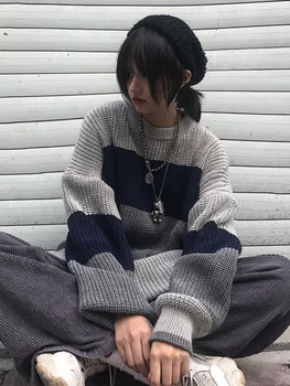 QWEEK Винтажный серый свитер Женская корейская мода уличная одежда Вязаный пуловер Femme Повседневные топы с длинными рукавами Осень Зима