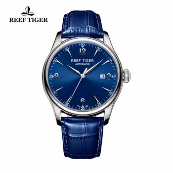 Reef Tiger/RT Синие Часы для мужчин, механические Часы с кожаным ремешком из нержавеющей стали, Автоматические часы с датой RGA823