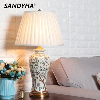 SANDYHA Китайская классическая керамическая настольная лампа, Романтическая теплая Прикроватная светодиодная настольная лампа для спальни, кабинета, ночного домашнего декора
