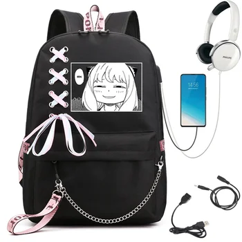 Spy X Family Anya Forger Аниме Подростковая школьная сумка для девочек, Рюкзак, Женские сумки для книг, Студенческая школьная сумка, USB-порт, рюкзак, Ранец
