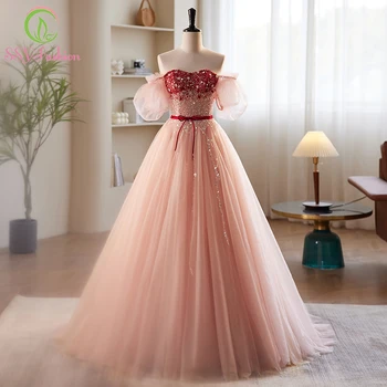 SSYFashion/ Новое роскошное розовое вечернее платье трапециевидной формы, украшенное блестками и бисером, вечерние платья Vestidos De Noche