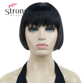 StrongBeauty Короткий Боб с челкой, черный термостойкий Полностью синтетический парик для женщин, ВЫБОР ЦВЕТА