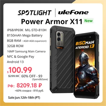 Ulefone Power Armor X11 Прочный Телефон 8150 мАч, 8 ГБ ОЗУ, 32 ГБ ПЗУ, Водонепроницаемый Смартфон с NFC 2,4 G/5G WiFi, Мобильные телефоны по всему миру