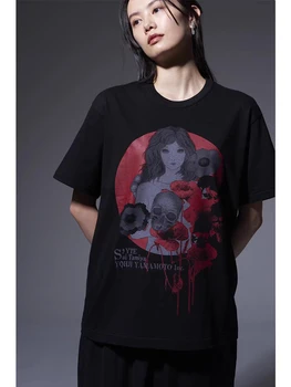Y3 Кровавый Череп, футболка с коротким рукавом в темном стиле с цветочным рисунком, Футболки Yohji Yamamoto, Топы, свободные футболки с круглым вырезом оверсайз Под рубашку