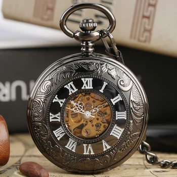 Автоматические механические карманные часы в Круглом Ажурном Корпусе с черными римскими цифрами, Карманные часы с Подвеской, Часы с автоподзаводом, Подарки для мужчин