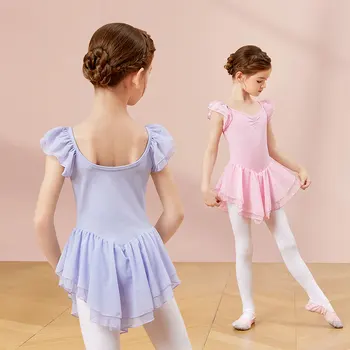 Балетное платье для девочек, Хлопковое Двухслойное Сетчатое платье, Танцевальное платье-трико для девочек, Короткое платье с рукавами-оборками