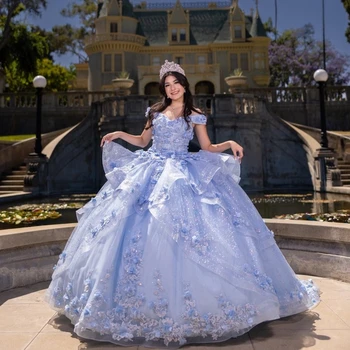 Бальное платье с открытыми плечами и блестками, многоуровневая аппликация из бисера, Пышное платье с 3D цветами и кристаллами, платье принцессы Sweet 16 Vestidos