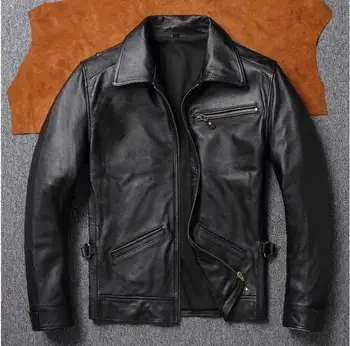 Бесплатная доставка.Распродажа мужской куртки из натуральной кожи.Пальто из 100% мягкой воловьей кожи в стиле райдера 1930-х годов.Облегающая кожаная одежда больших размеров