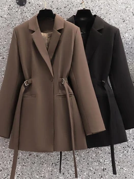 Блейзер, Женское пальто с длинным рукавом, однотонные пальто на шнуровке, Модная элегантная Женская одежда, Осенняя офисная женская куртка, уличная одежда