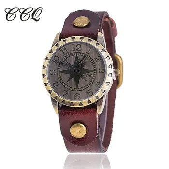 Бренд CCQ Винтажный браслет из коровьей кожи Star Watch Повседневные роскошные женские наручные часы Кварцевые часы Relogio Feminino 1309