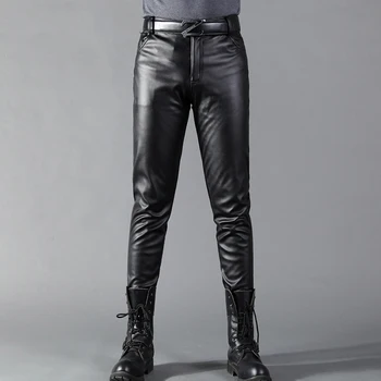 Бренд Thoshine, Мужские Кожаные брюки, облегающие Эластичные Модные Брюки из искусственной кожи, мотоциклетные и байкерские брюки, тонкая Уличная одежда