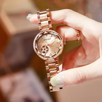 Брендовые высококачественные часы TIANBIN, женские часы из розового золота и нержавеющей стали, водонепроницаемый скелет damen uhr