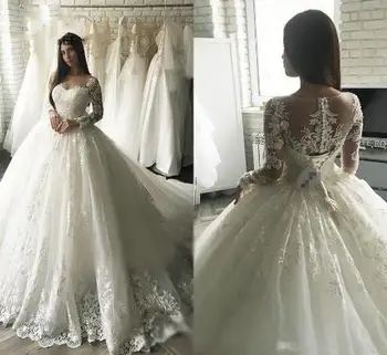 Великолепное Бальное платье с длинными рукавами, Свадебные платья с кружевной аппликацией, Свадебное платье знаменитостей, vestido De Noiva robe de mariee