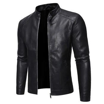 Весенне-осенние кожаные куртки: мужские со стоячим воротником: ультратонкая однотонная кожаная куртка, модное мотоциклетное пальто, мужские Мо