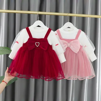 Весенне-осенний комплект одежды для маленьких девочек, милое платье на День Рождения, Красное Платье для Крещения, детские платья Принцессы с бантом для свадебной вечеринки