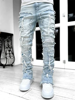 Винтажные прямые джинсы в рубчик для мужчин, Уличная мода, однотонные Свободные джинсовые брюки, мужские джинсовые брюки в стиле хип-хоп, лоскутное шитье