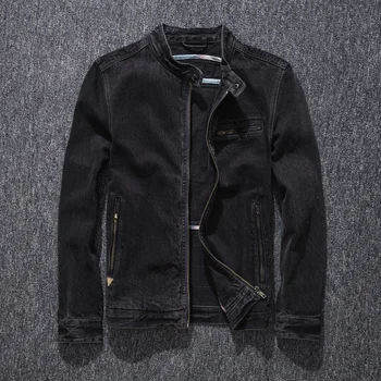Высококачественная джинсовая мотоциклетная мужская куртка Со стоячим воротником, Весенне-Осеннее повседневное пальто, Приталенная черная верхняя одежда для молодых людей