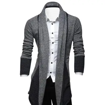 Вязаный мужской Кардиган средней длины, осень-зима, свитер со стоячим воротником в стиле пэчворк, пальто, Верхняя одежда