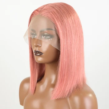 Гладкие парики из человеческих волос розового цвета для женщин, 13x5x2, Т-образный парик на кружеве, Оранжевые Прямые Парики-Бобы, Короткие бразильские парики