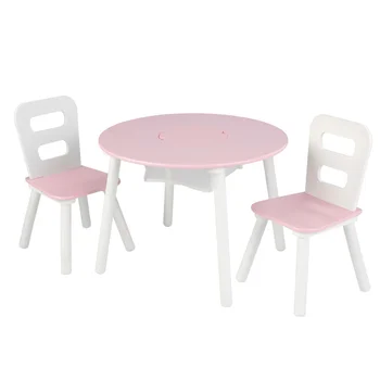 Деревянный детский круглый стол для хранения и набор из 2 стульев, розовые и белые комплекты детской мебели