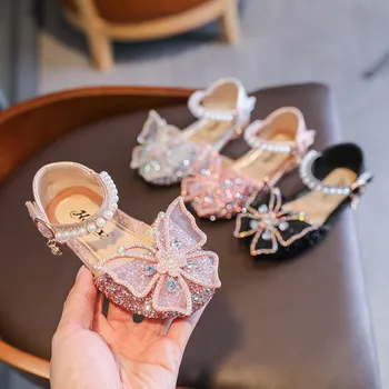Детская Летняя Танцевальная обувь Для девочек; Босоножки Принцессы для танго и Сальсы с декором в виде бабочки на плоском каблуке; Новинка 2022 года;