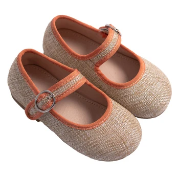 Детская повседневная обувь из льна, осенняя парусиновая обувь с подкладкой из натуральной кожи для девочек, домашняя обувь для детского сада, мягкая нескользящая подошва